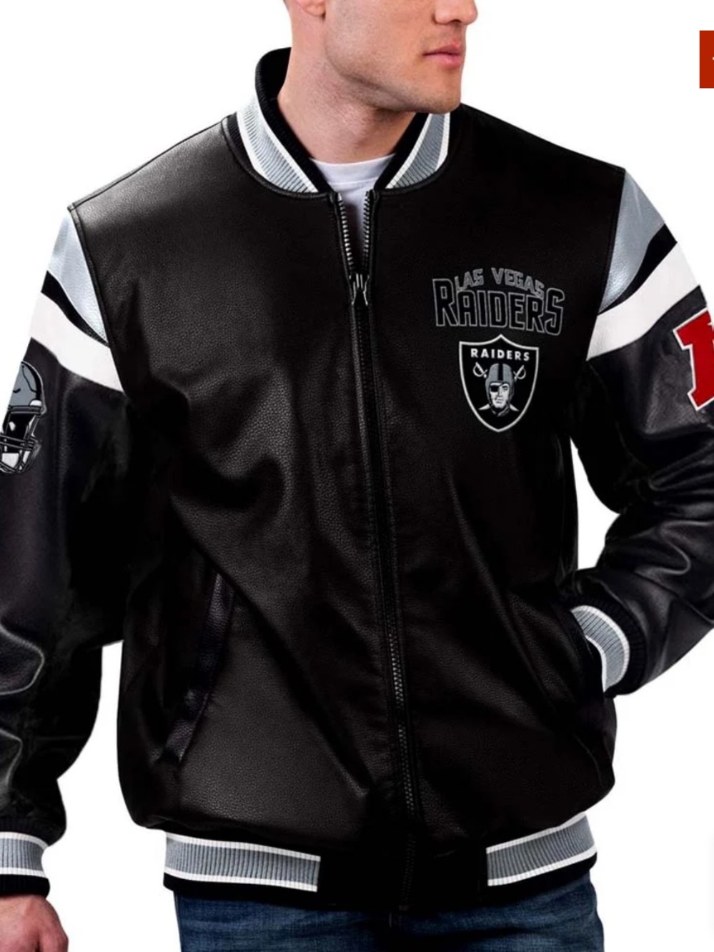 NEW Official NFL Las Vegas Raiders Leather Black Grey White Full Zip Bomber, XXL